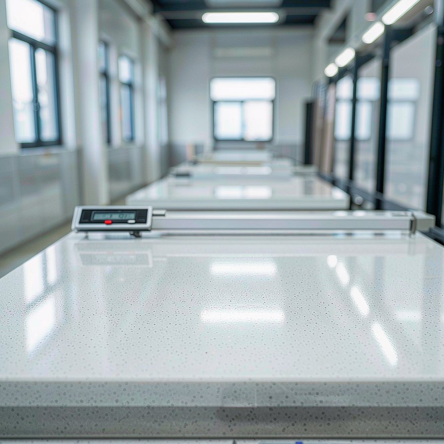 Digital gauge checking the thickness tolerance of a polished white quartz slab