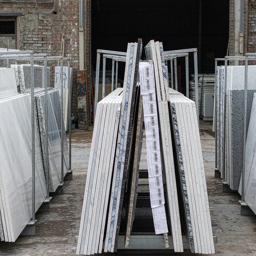 Lot traceability labels on quartz slabs linking each batch to production date, press line and material lot