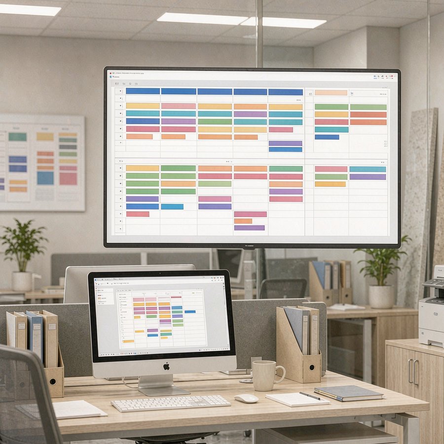 1789530981958696182591401984.jpg Production planning board showing press slots and order schedules in a quartz slab factory