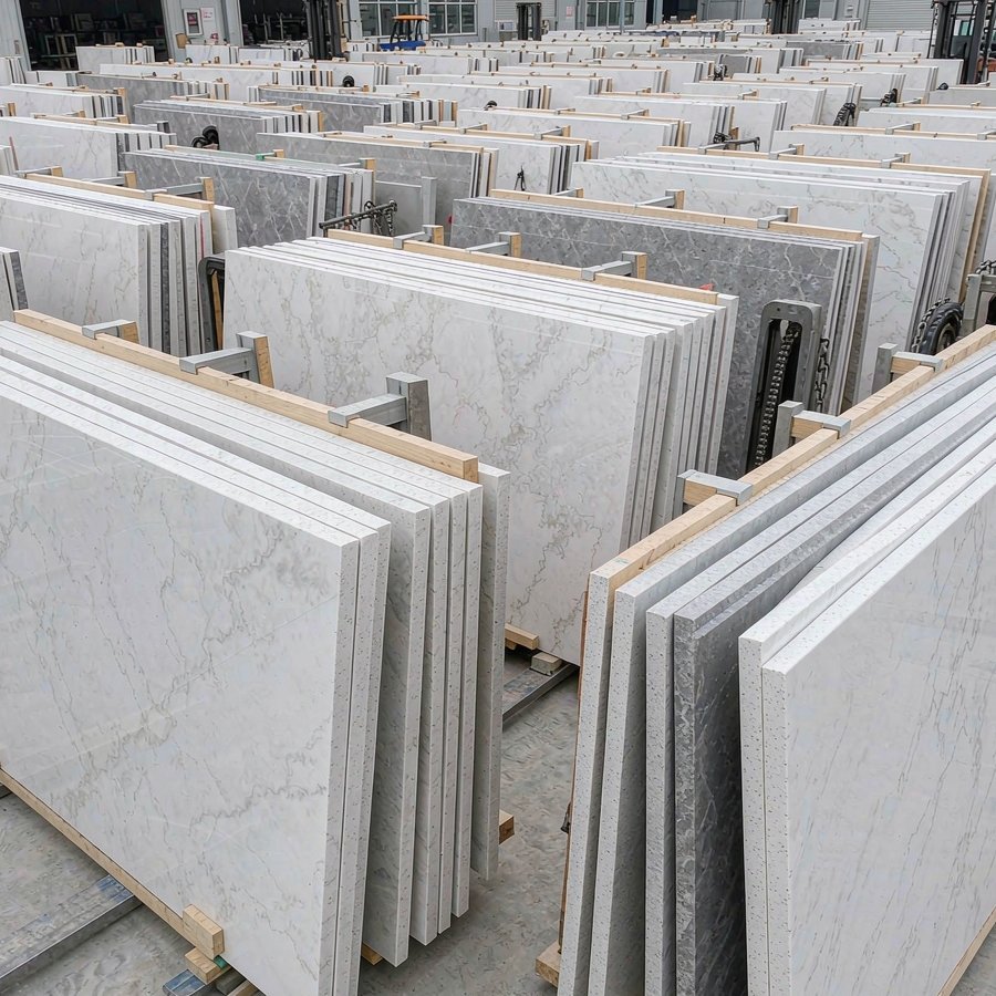Large batch of engineered quartz slabs organized in a factory loading yard and ready for export shipment
