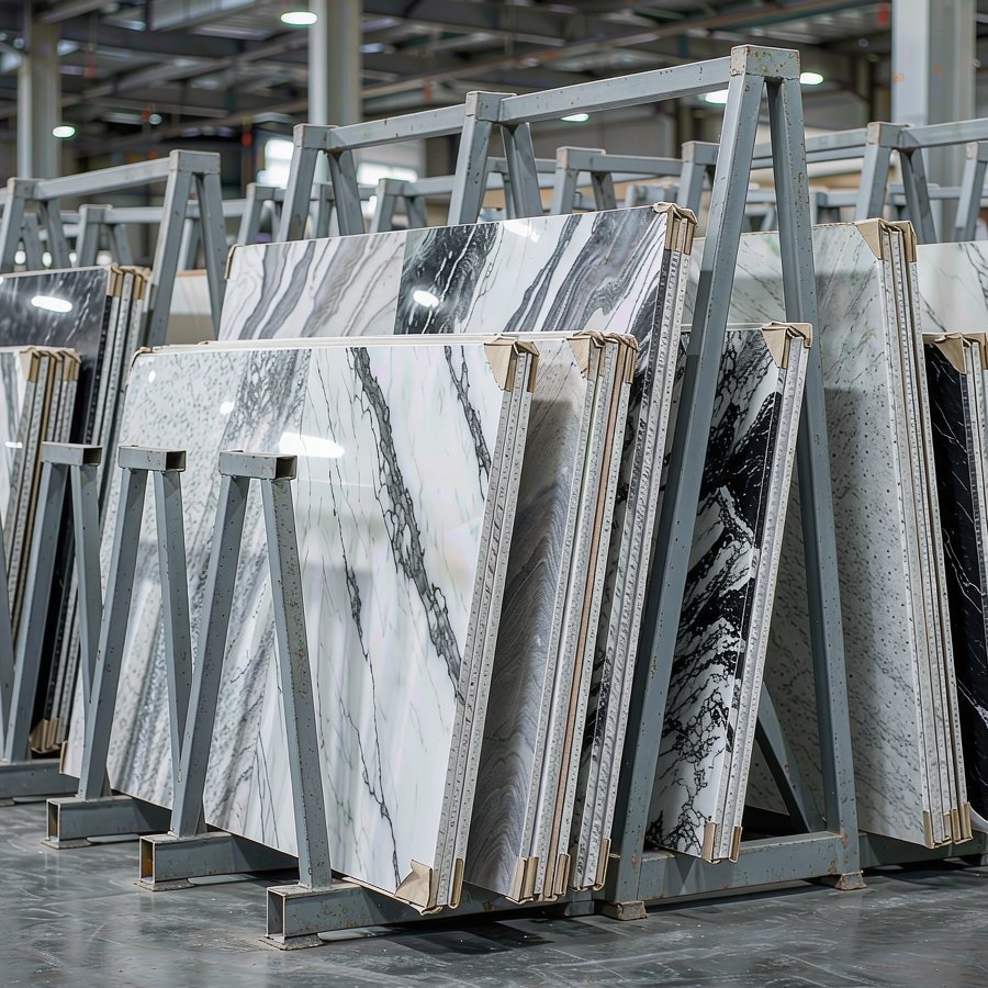White engineered quartz slabs stored upright in steel A-frame racks before shipment