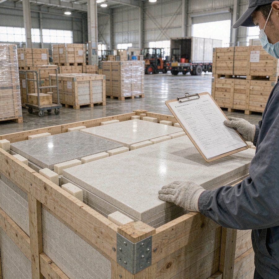 Final visual inspection of quartz slab crates against the packing list before container loading
