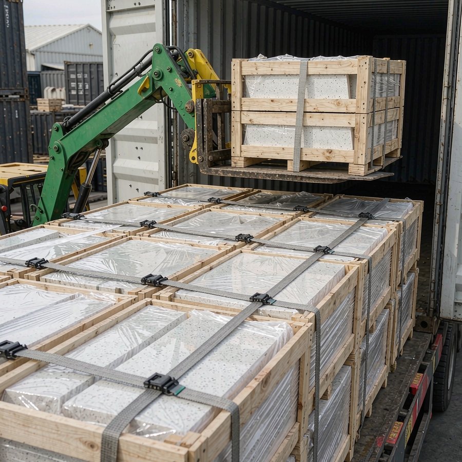Forklift carefully loading quartz slab crates into a shipping container for export