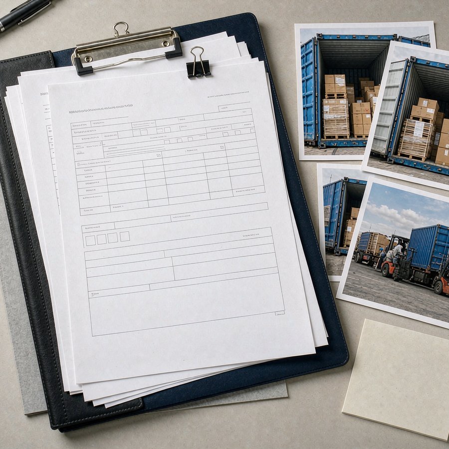 Shipping documents and container loading photos prepared for a quartz slab export order