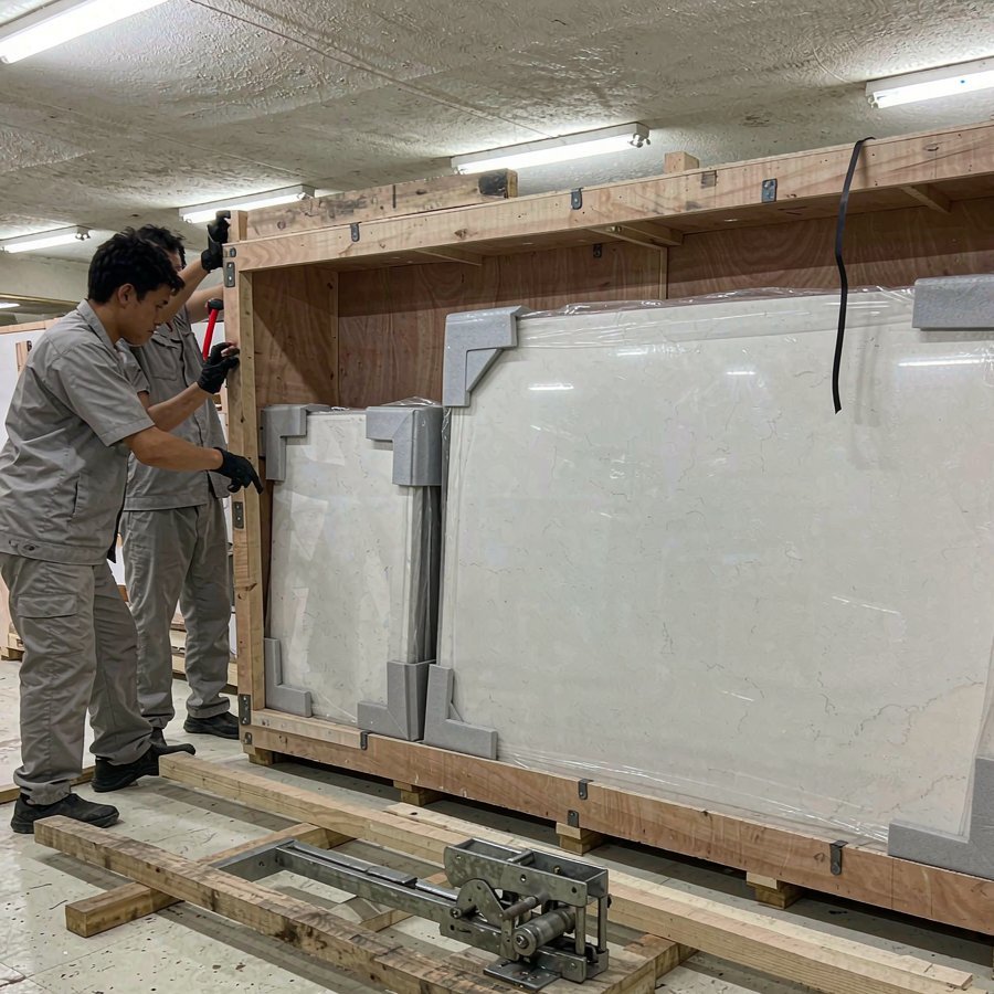 1789535097958713445772054528.jpg Wooden export crate being assembled around wrapped quartz slabs with steel strapping