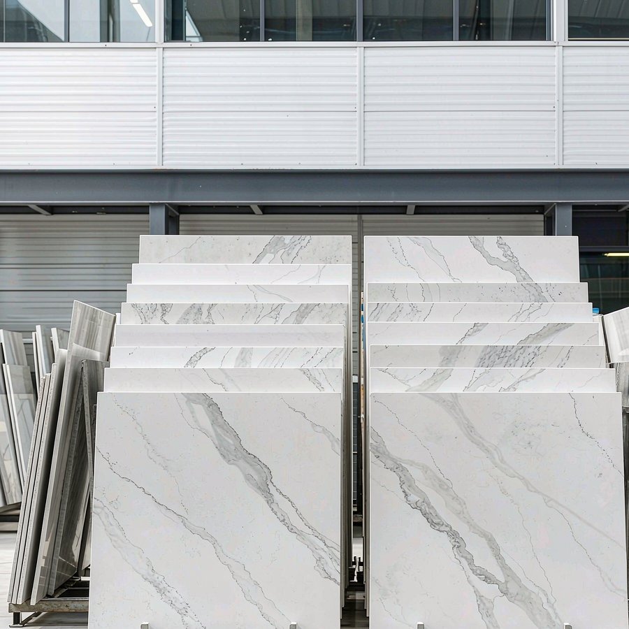 Engineered quartz slab showroom display in a stone factory