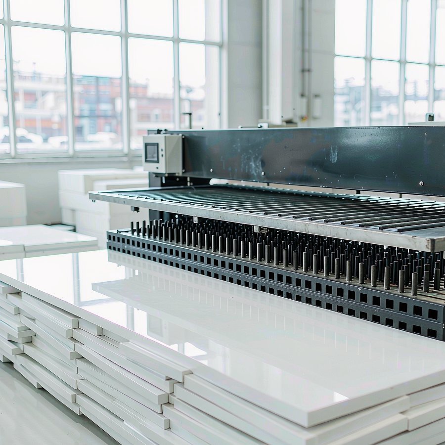 Automated quartz slab production line inside a factory