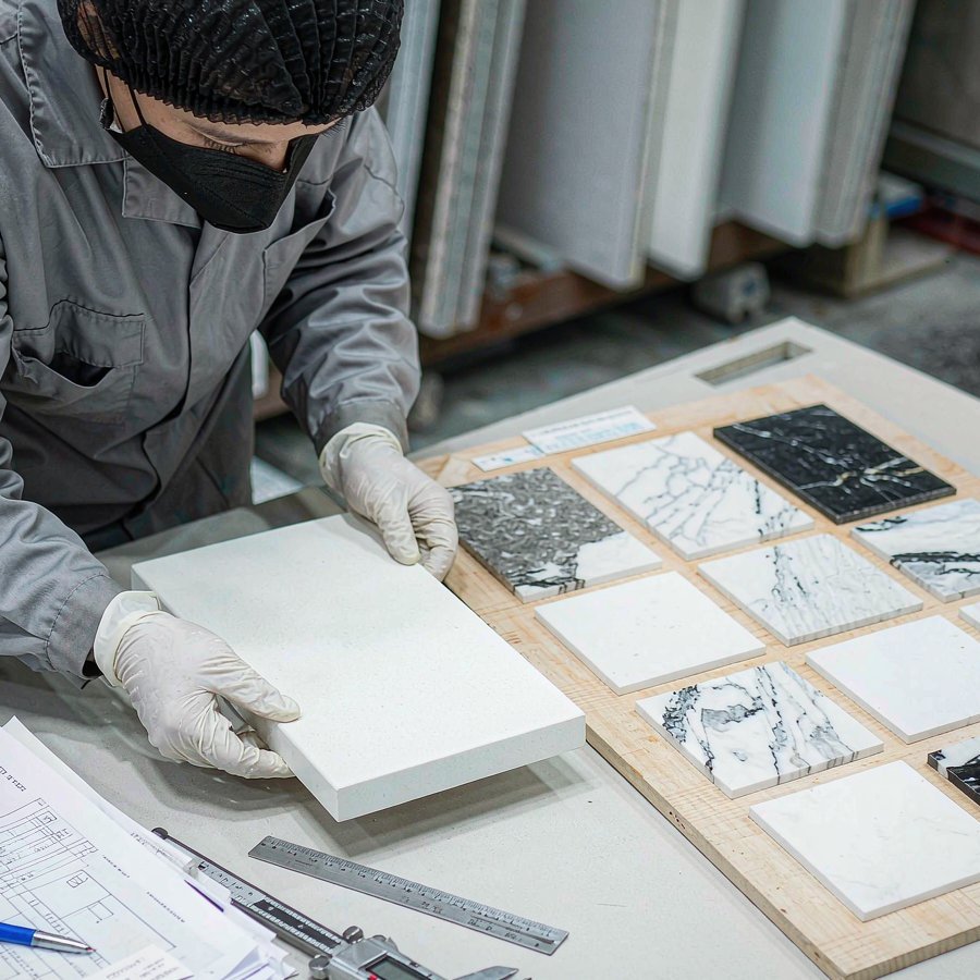 Quality control inspector checking a quartz slab sample against a colour standard