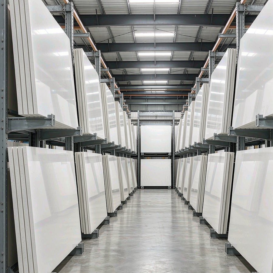 Quartz slabs stored and organised in a factory warehouse for repeat export orders