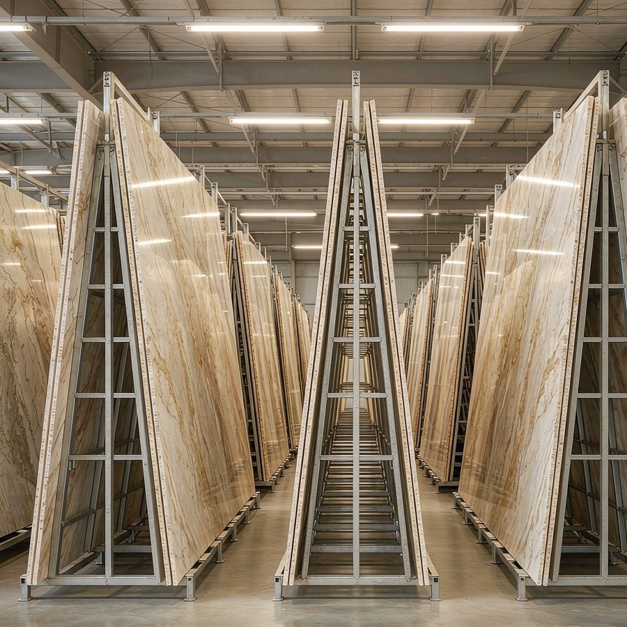 1789896180960227936687431680.jpg Large engineered quartz slabs stacked on A-frame racks inside a quartz slab factory before export packing