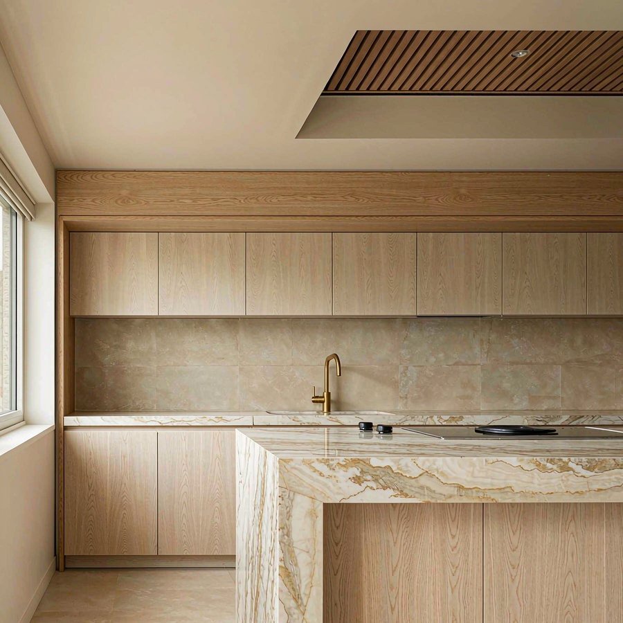 1789896182960227945608716288.jpg Kitchen island with warm cream engineered quartz countertop and a slab panel continuing down the side to the floor