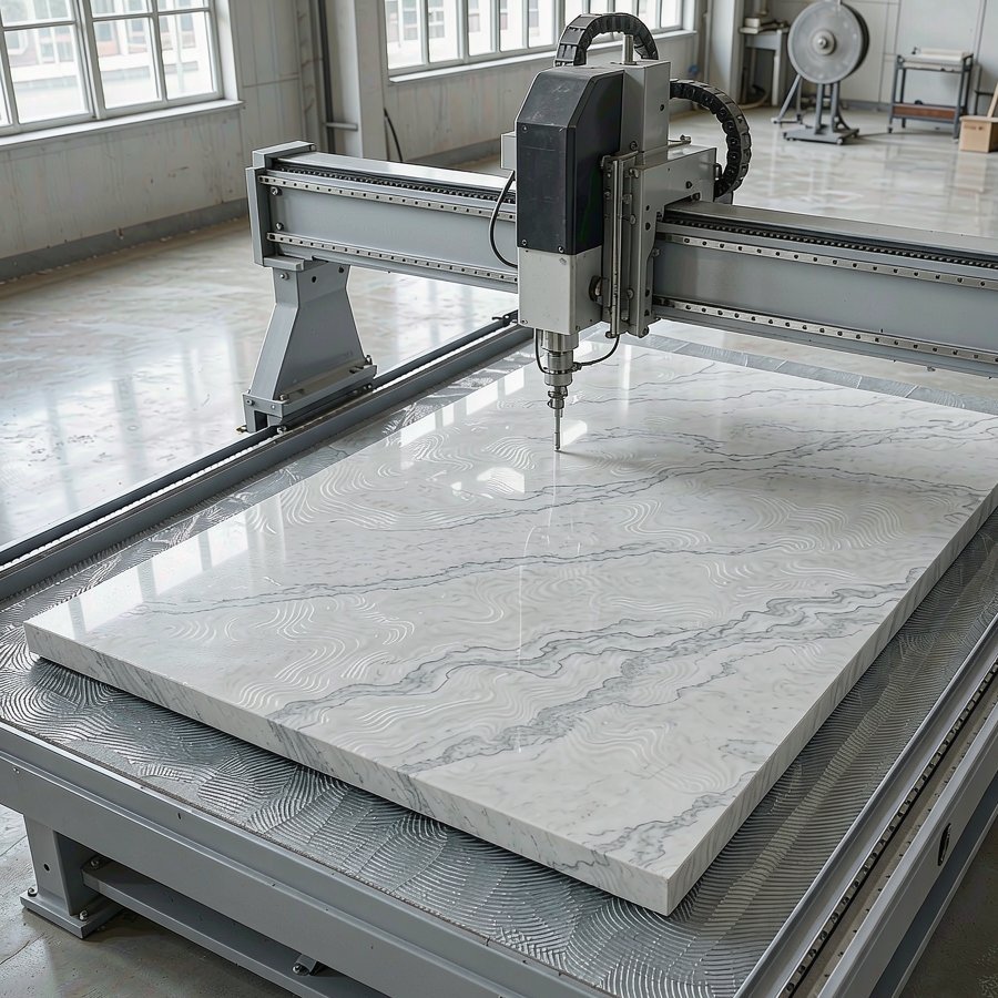 CNC bridge saw cutting table in a stone fabrication workshop where large engineered quartz slabs are cut and edged