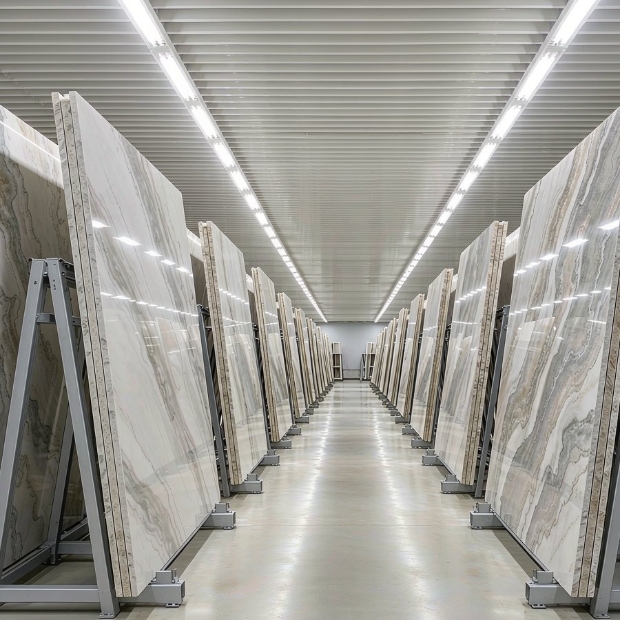 1789975722960561559869489152.jpg Engineered quartz slabs beside natural quartzite slabs standing on A-frame racks in a stone warehouse, showing the quartz vs quartzite difference