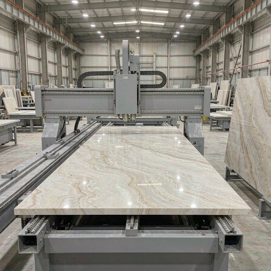 1789975726960561578739662848.jpg Cutting table in a stone workshop where large engineered quartz and quartzite slabs are processed for quartz vs quartzite projects