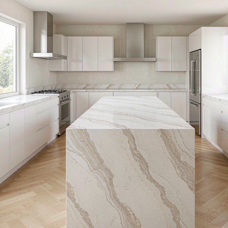 1789975728960561586062917632.jpg Engineered quartz island worktop with a quartzite look installed in an empty modern kitchen with no people