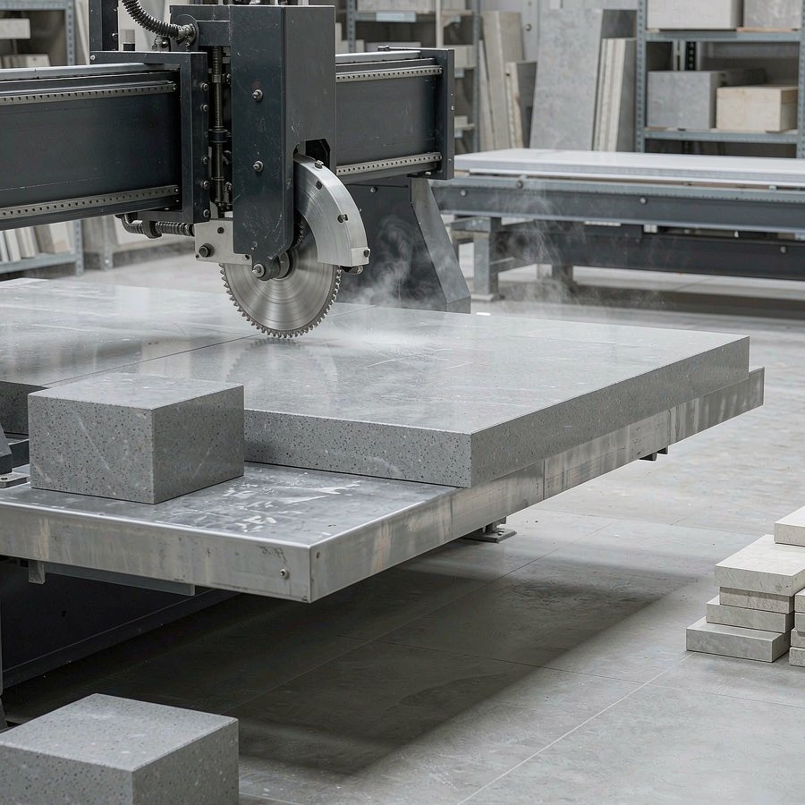 1790236836961656752215973888.jpg Fabricator cutting an engineered quartz slab on a bridge saw with a diamond blade