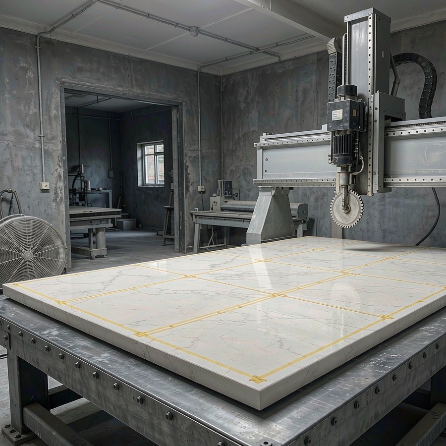 Fabricator nesting kitchen counter pieces onto a jumbo quartz slab size layout on a bridge saw table