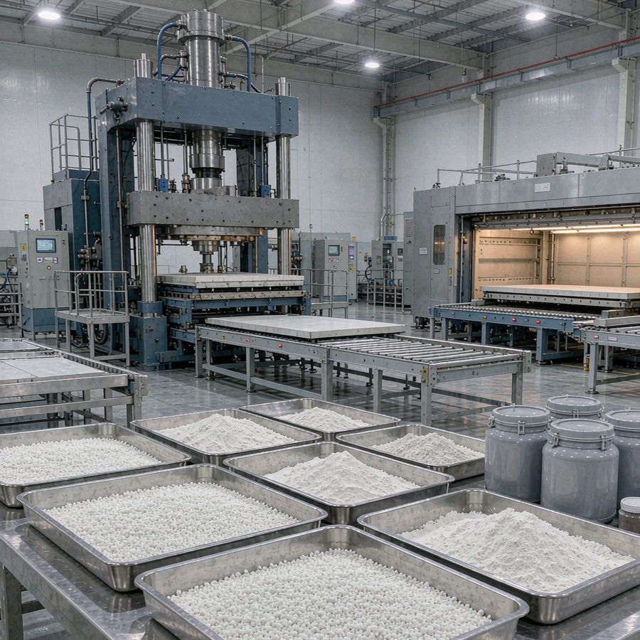 1790318261961998273687719936.jpg Quartz aggregate, resin binder and pigment raw materials staged beside a slab press on an engineered quartz production line