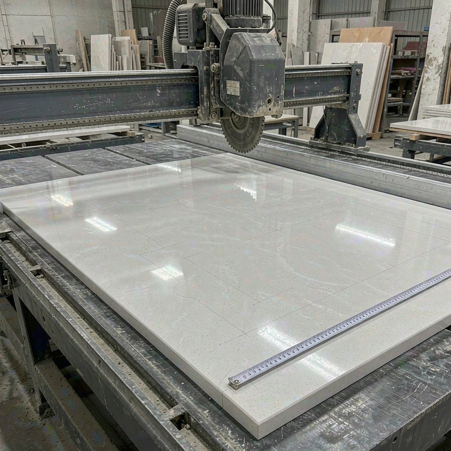 1790318262961998276846030848.jpg Cutting layout lines marked across a large engineered quartz slab on a bridge saw table