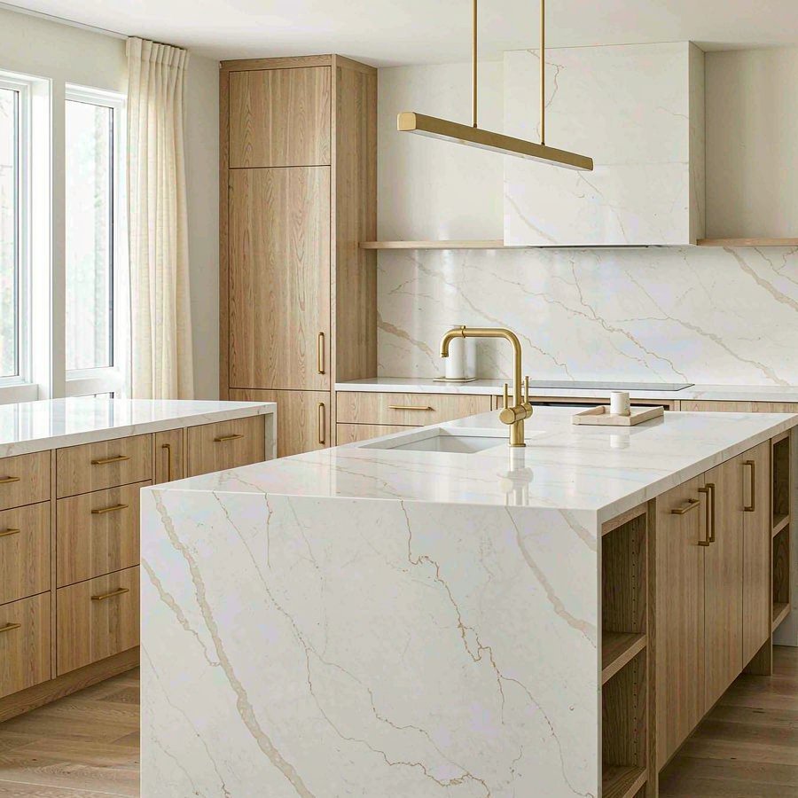 Kitchen island and worktops in white quartz countertops with soft gold veining against warm timber cabinetry and brass hardware