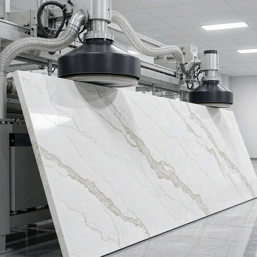 Polishing line finishing a veined white quartz slab on an engineered stone production line