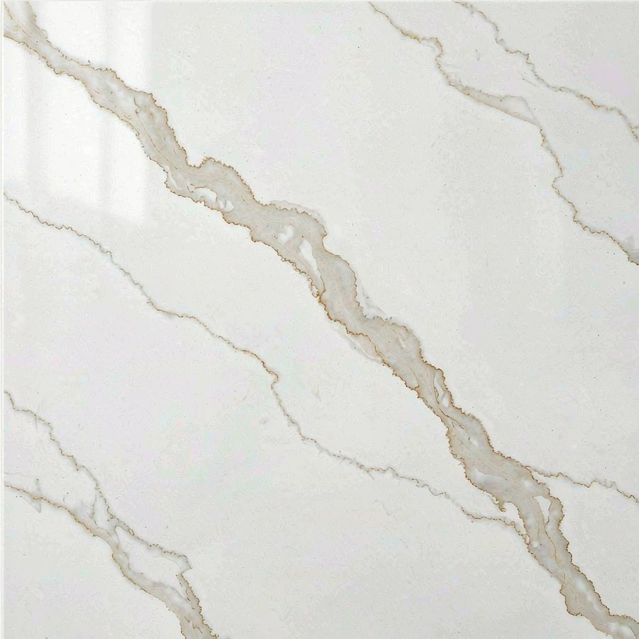 Full-sheet view of a veined white quartz slab showing a continuous vein pattern across the surface