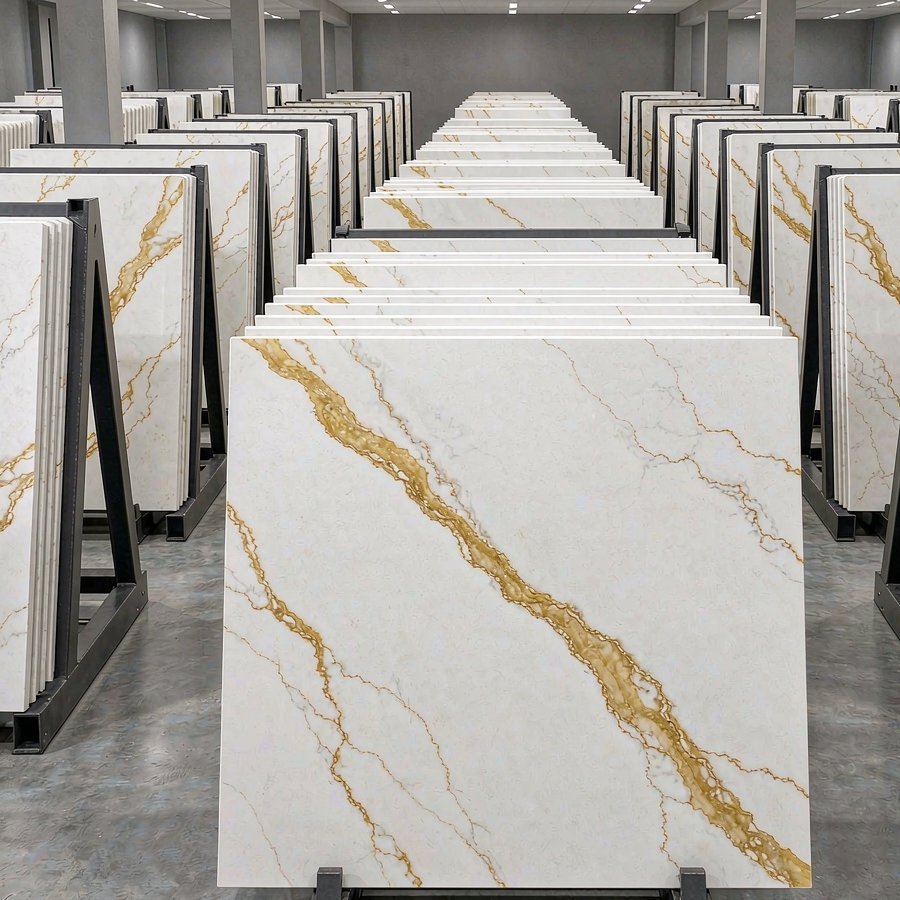 1790576848963082865664745472.jpg Calacatta quartz slabs with bold gold veining standing upright on A-frame racks in an engineered quartz slab factory