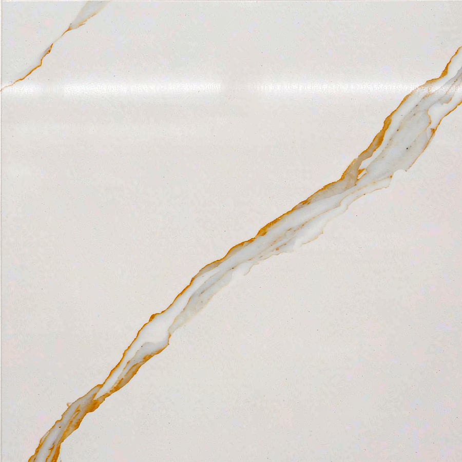 1790576849963082868781113344.jpg Close-up of Calacatta quartz veining: one bold gold vein crossing a clean white slab surface