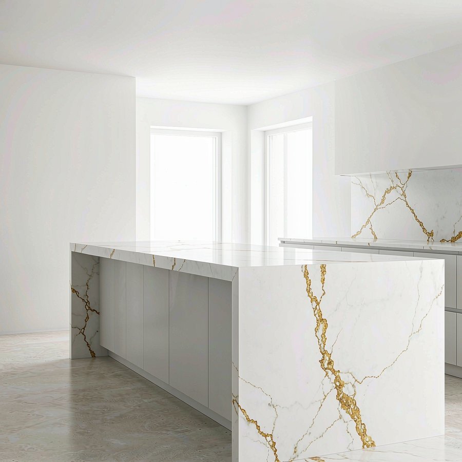 1790576849963082872027504640.jpg Modern kitchen island in Calacatta quartz with a waterfall edge, bold gold veins on a clean white background