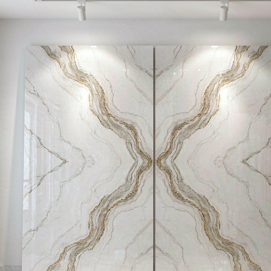 1790576851963082877509459968.jpg Book-matched Calacatta quartz slabs displayed as a mirror-image vein pair in a stone showroom