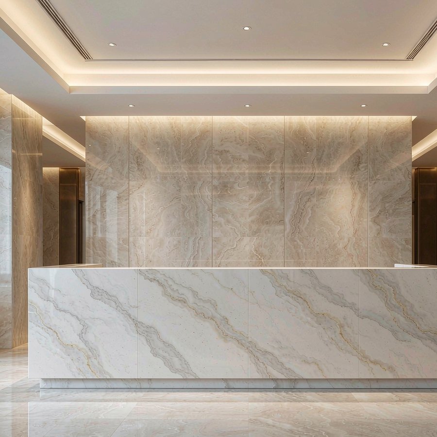 1790576852963082881099784192.jpg Hotel reception front desk clad in Calacatta quartz panels with soft grey-gold veining on a white background