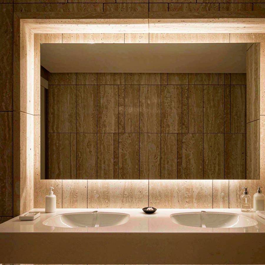 Hotel bathroom double vanity with white quartz countertop and undermount basins