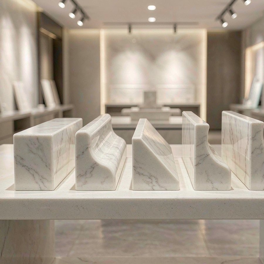 Polished edge profiles on quartz vanity top samples displayed in factory showroom