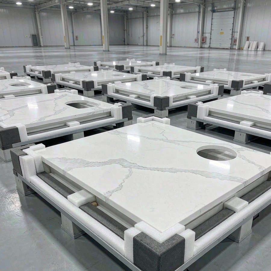 White quartz vanity tops stacked on export cradles in factory packing area