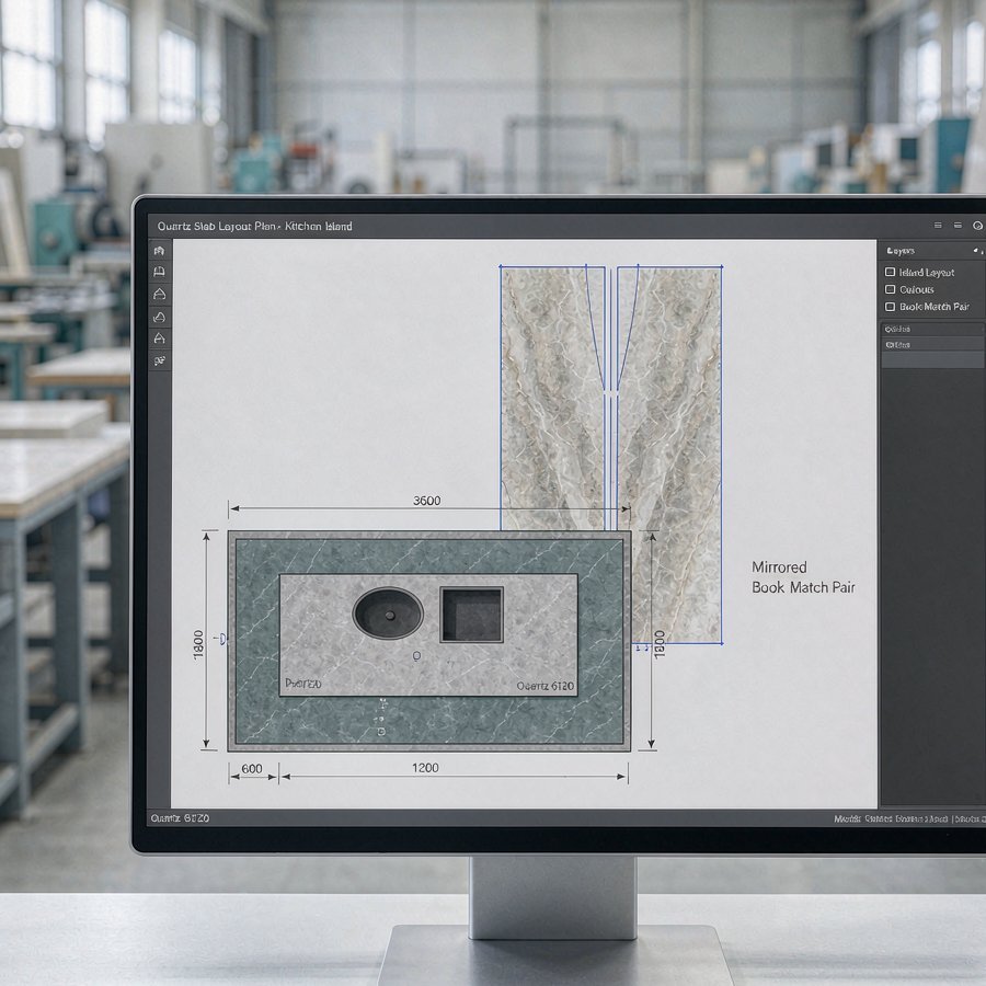Quartz slab layout drawing on a screen showing book-match plan for a kitchen island