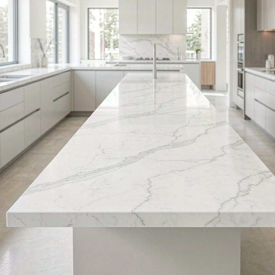 Statuario quartz slab with soft grey veining on a modern kitchen island