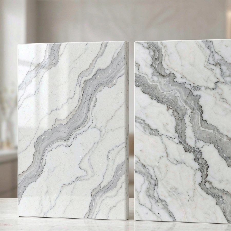 Side by side statuario quartz and statuario marble countertop samples