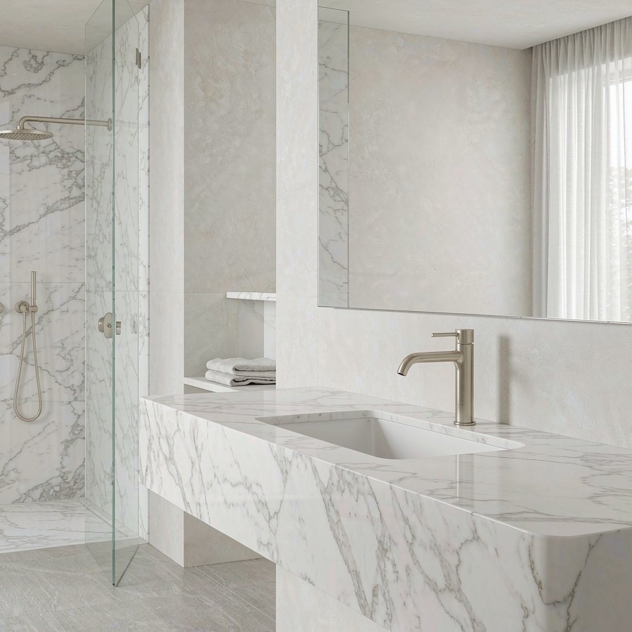 Statuario quartz vanity top in a light spa style bathroom