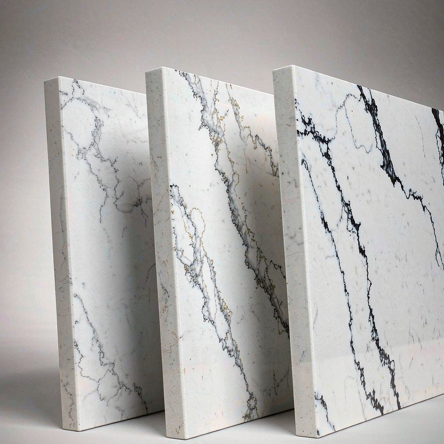Three statuario quartz colour swatches white grey and black veining