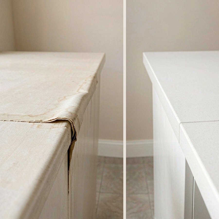 Laminate countertop seam swelling compared to quartz seamless edge