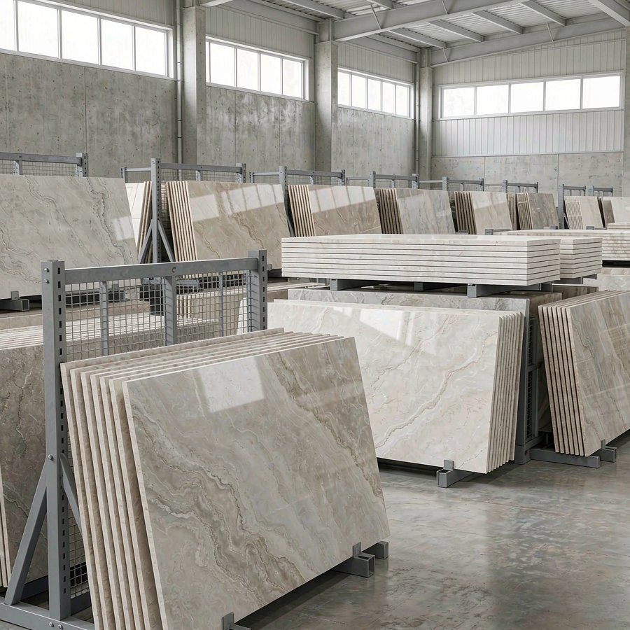 Stacked quartz slabs in a factory warehouse ready for wholesale shipment