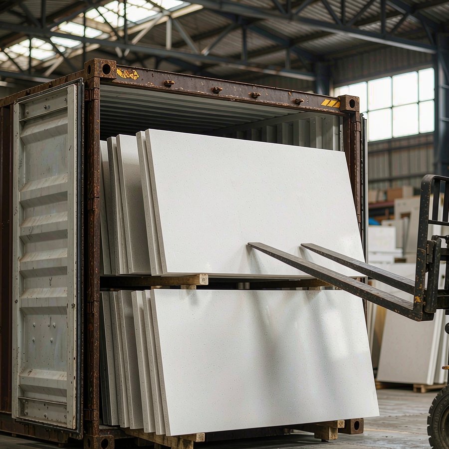 Quartz slabs being loaded into a shipping container for wholesale export