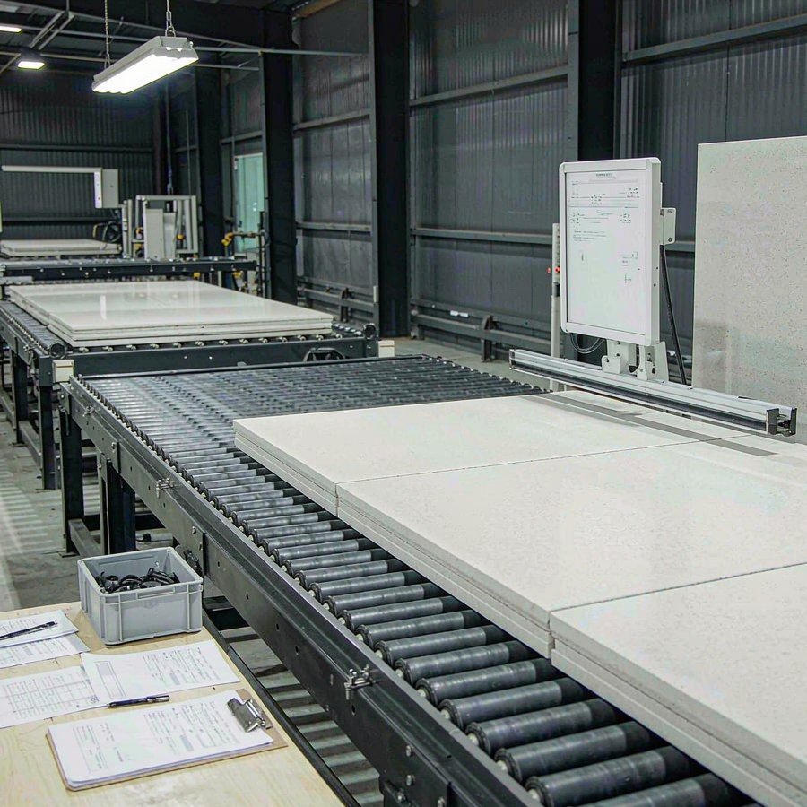 Factory auditor inspecting quartz slab production line and certificates