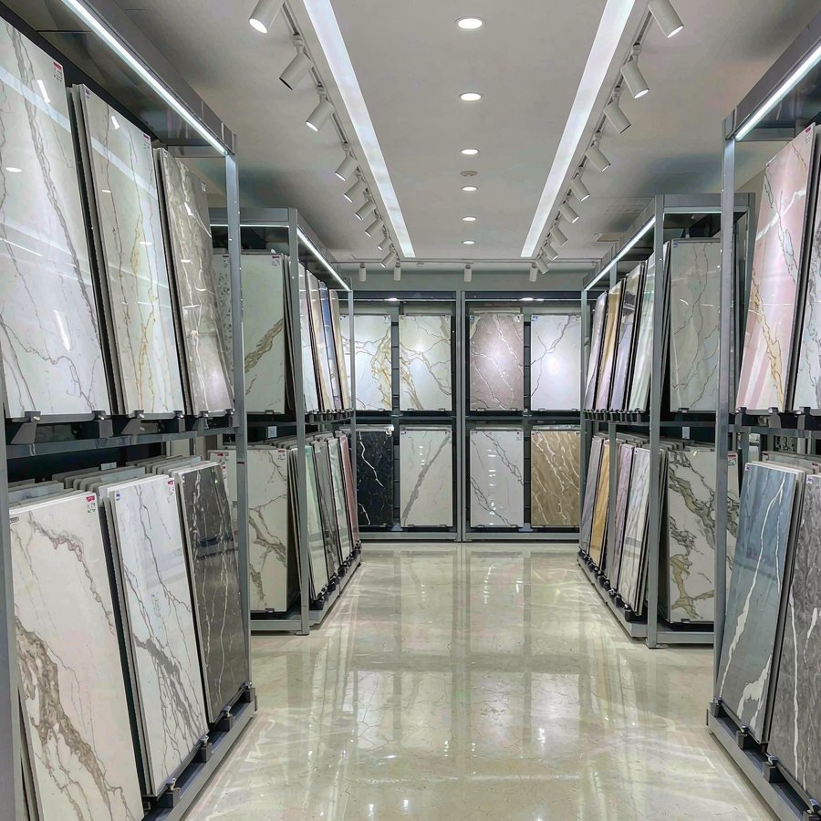 Quartz slab distributor showroom with multiple colour displays
