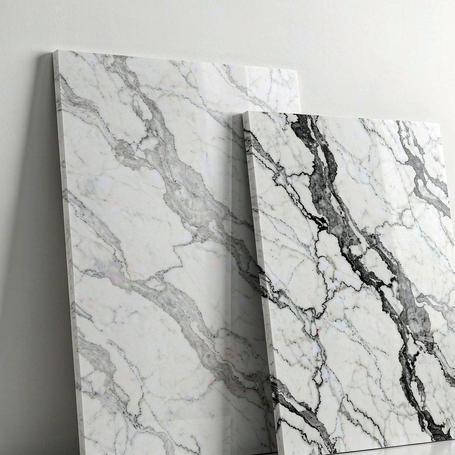 1790759660963849636592336896.jpg Carrara and arabescato quartz slabs showing soft grey and bold black veining