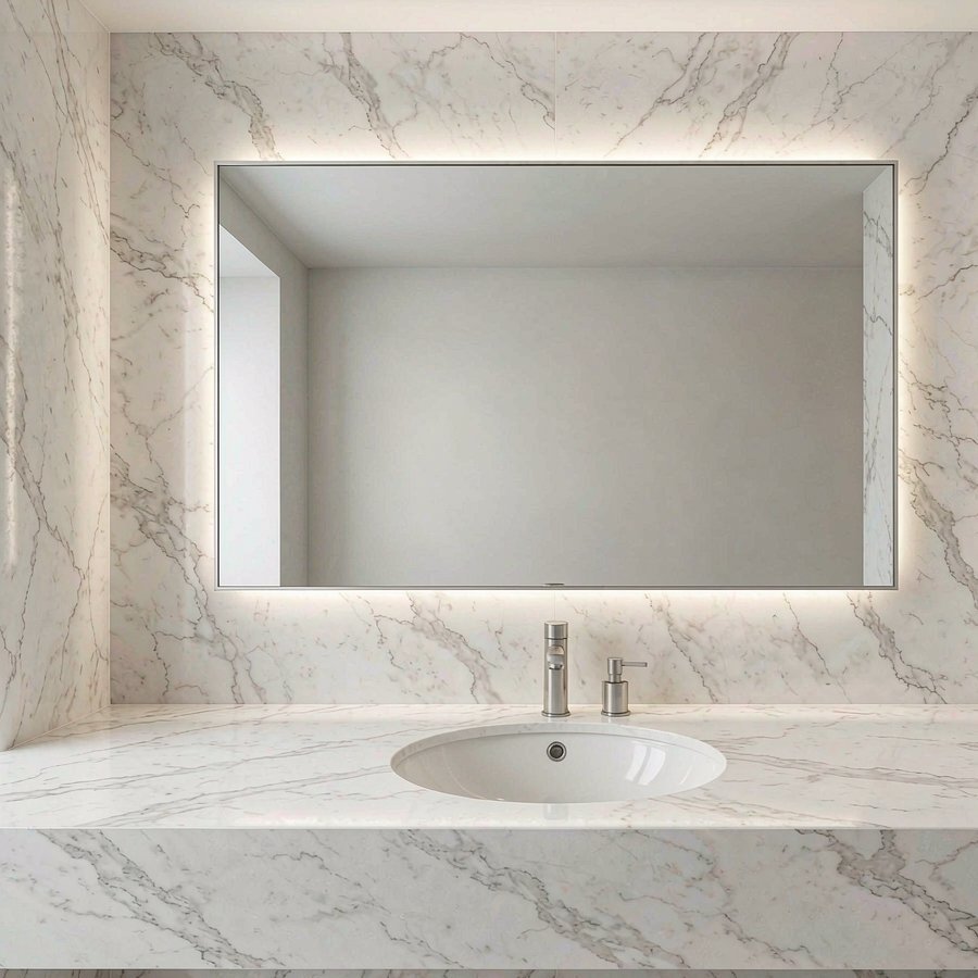 1790759663963849647136817152.jpg Modern bathroom with carrara quartz vanity and wall panels