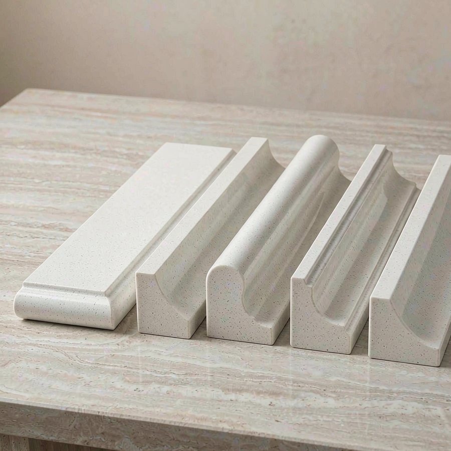 Quartz edge profiles overview showing eased bevel bullnose ogee and waterfall styles