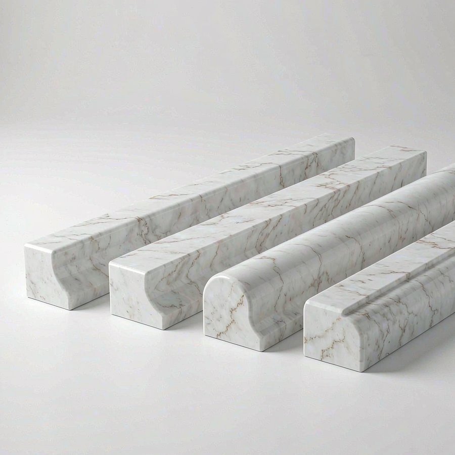 Standard quartz edge profiles including eased bevel and bullnose on white countertops