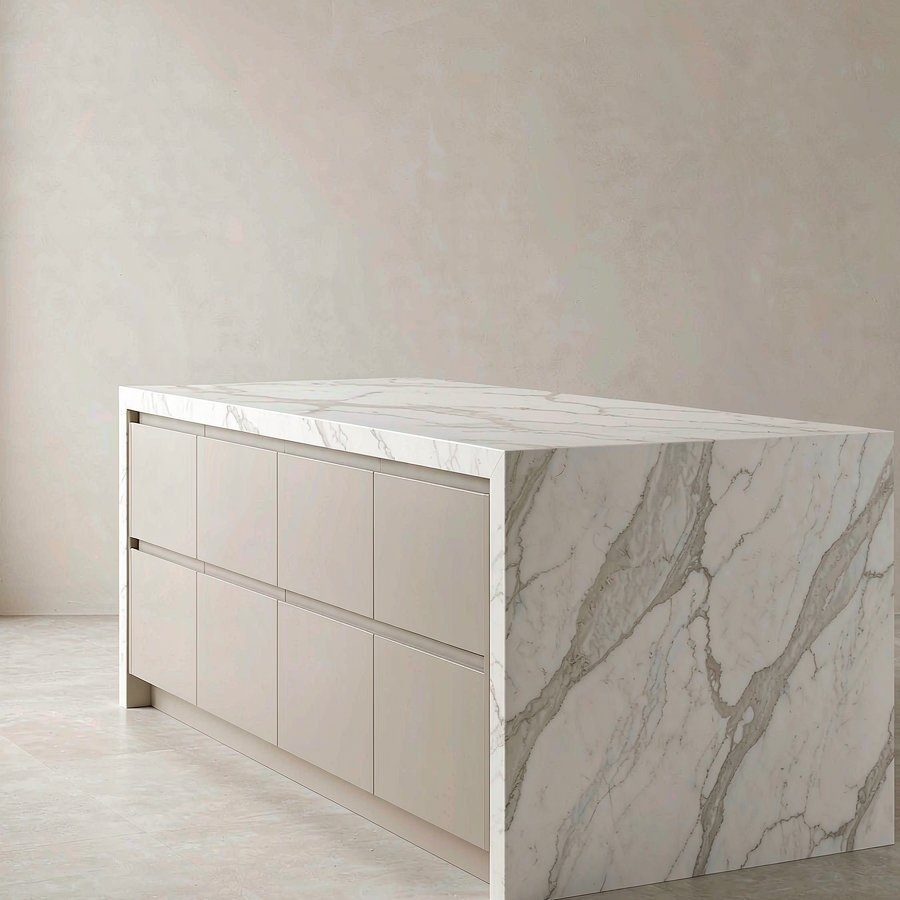 Modern kitchen island with quartz waterfall edge profile