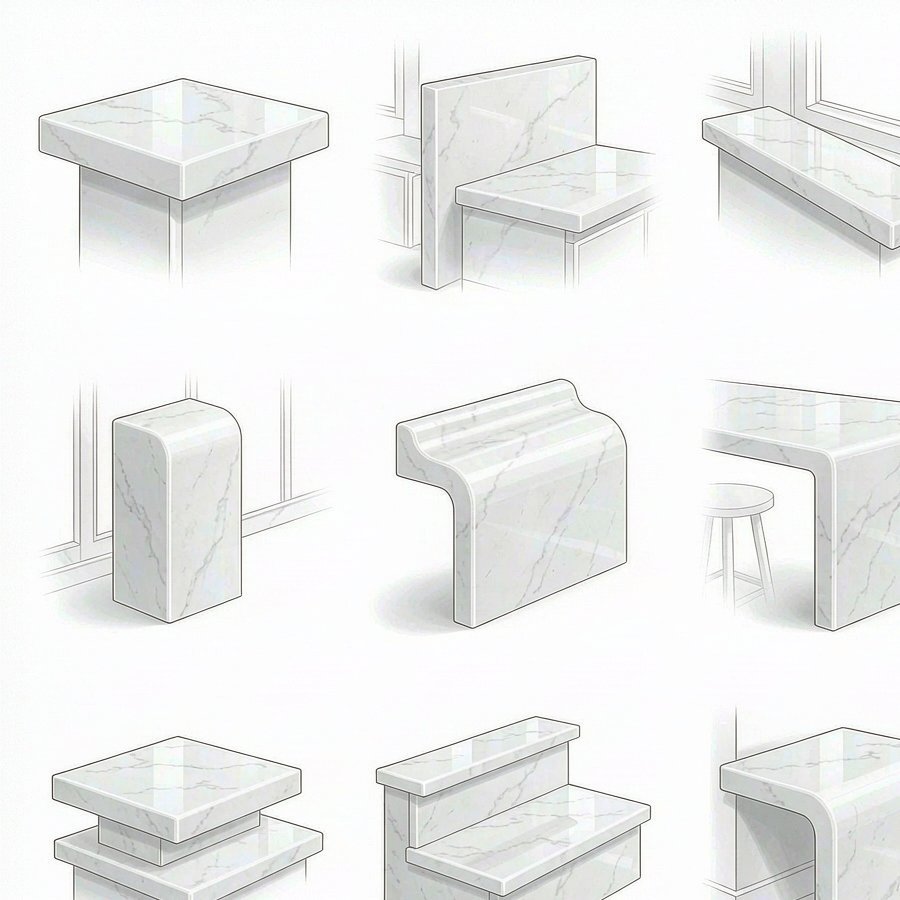 Application chart matching quartz edge profiles to kitchen bathroom and commercial uses